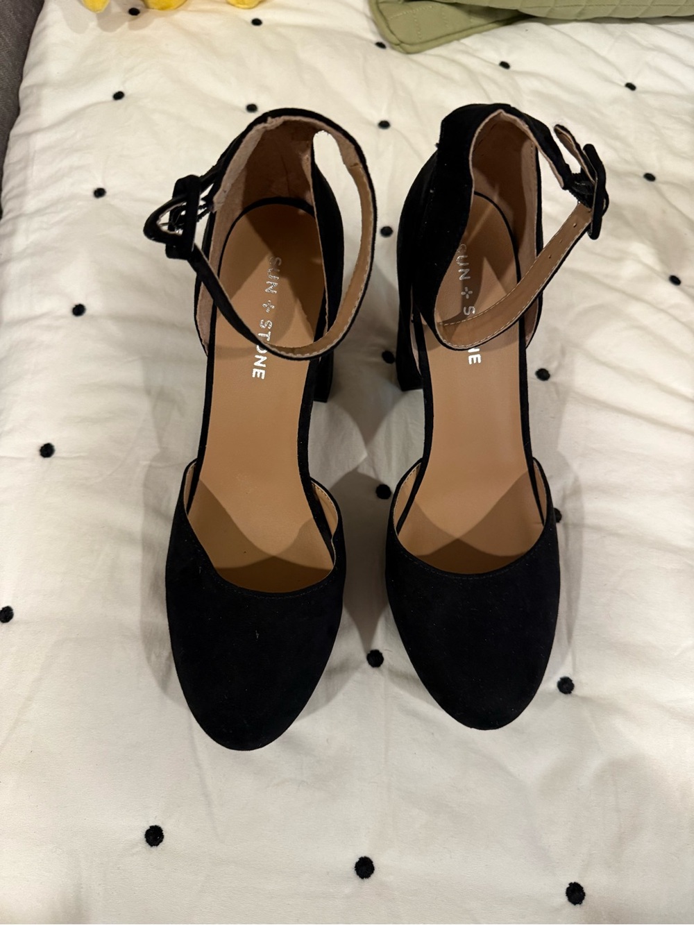 Sun + Stone Black Suede Ankle-Strap Block Heels
